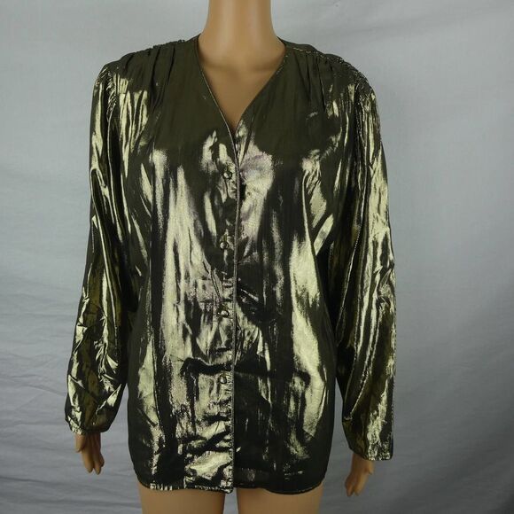 Helene St. Marie Vintage Metallic Gold Lame Button Up Blouse Shirt Size 12 - Picture 1 of 10